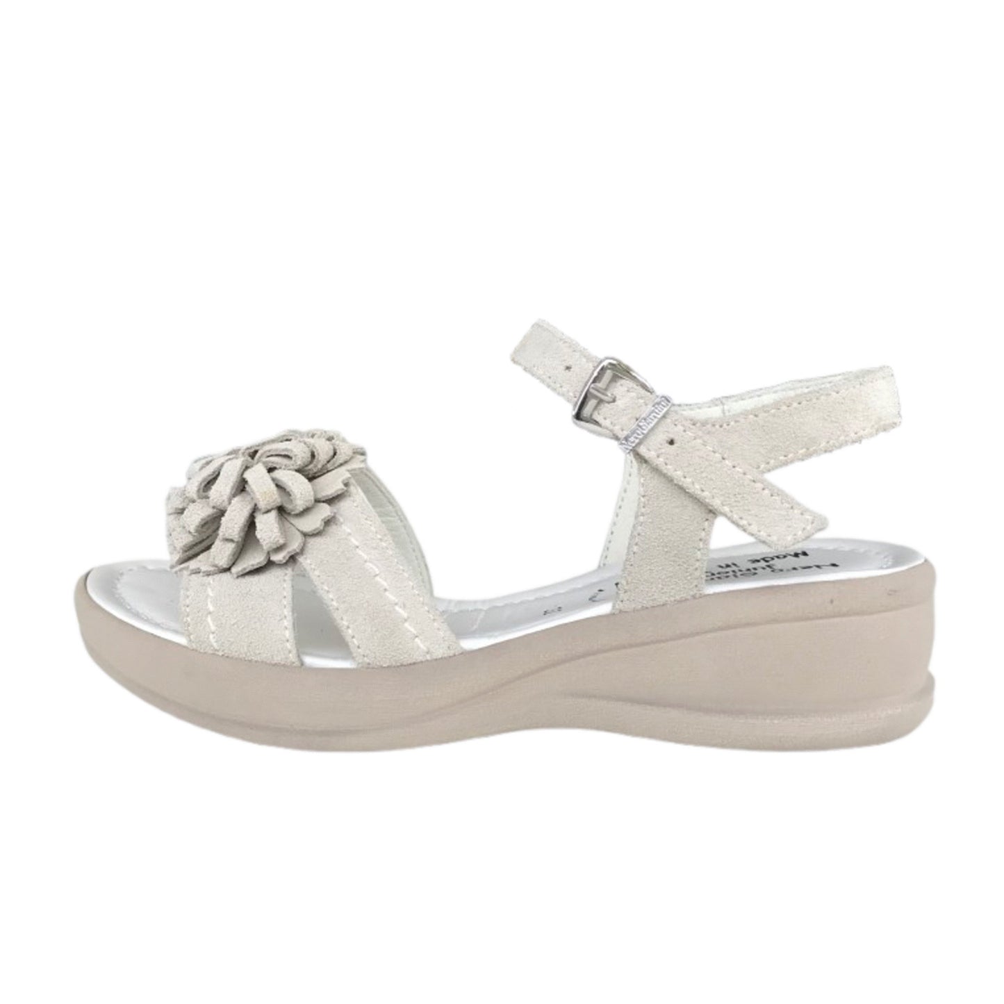 Sandali Bambina in Vera Pelle con Fiore Decorativo, Beige, Zeppa Comfort, 32 EU