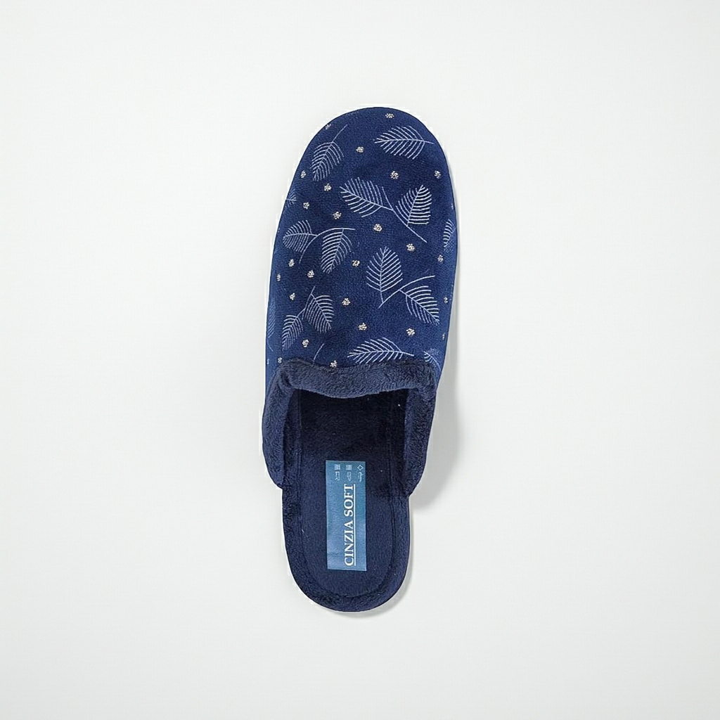 Cinzia Soft ED13014 Ciabatte Pantofole Donna, Velour Blu Marino con Motivo Foglie e Punti Luce