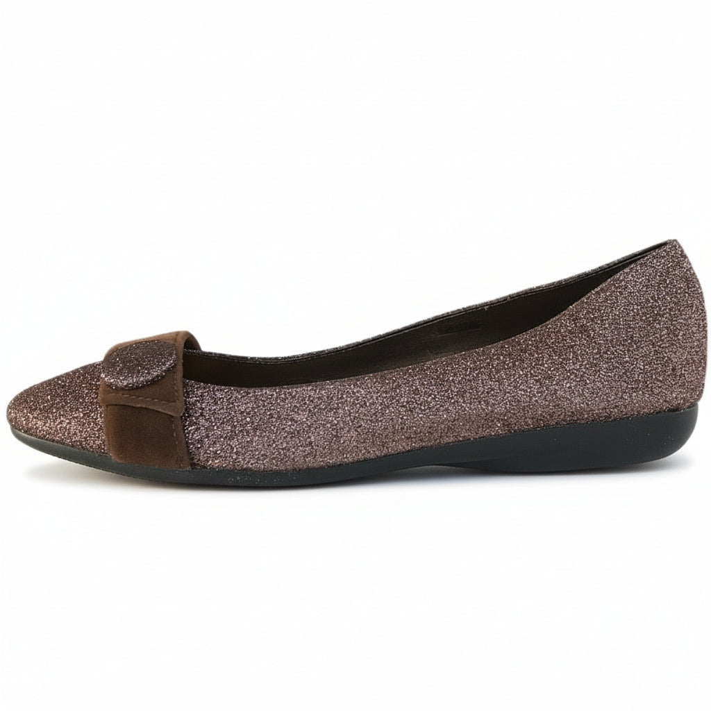 Ballerine Glitterate da Donna e Ragazza, Marrone, Vera Pelle Morbida con Fascia in Velluto, Scarpe Basse Eleganti