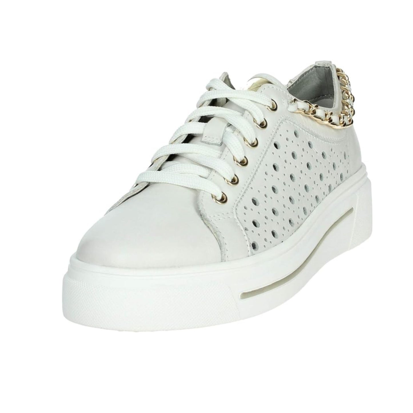 Sneakers Donna Bianche Cinzia Soft in Pelle Traforata con Plantare Estraibile, catena oro, platform IV1021472 - 003