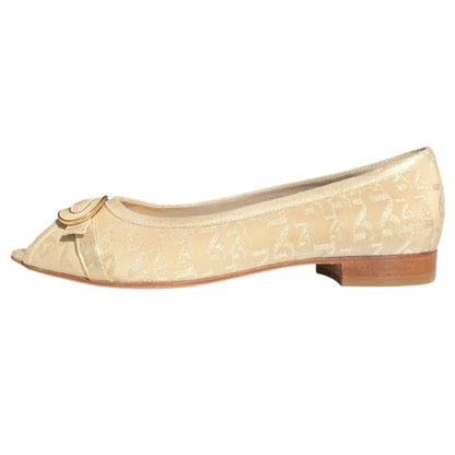 Ballerine Peep-Toe Spuntate, Tessuto Monogram Laminato, Platino, con Fibbia Decorativa, Suola e Inserti in Vera Pelle