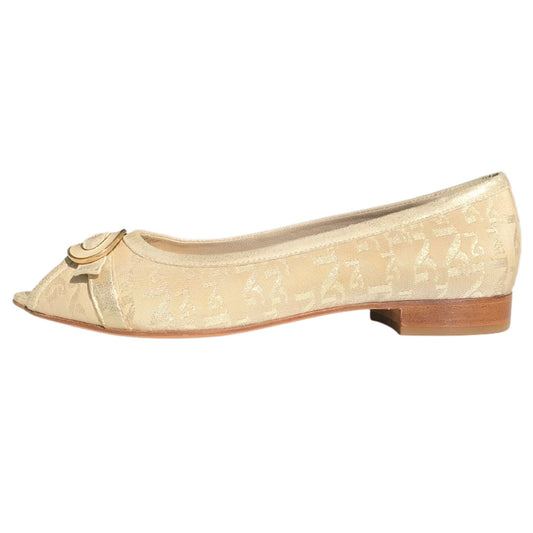 Ballerine Peep-Toe Spuntate, Tessuto Monogram Laminato, Platino, con Fibbia Decorativa, Suola e Inserti in Vera Pelle