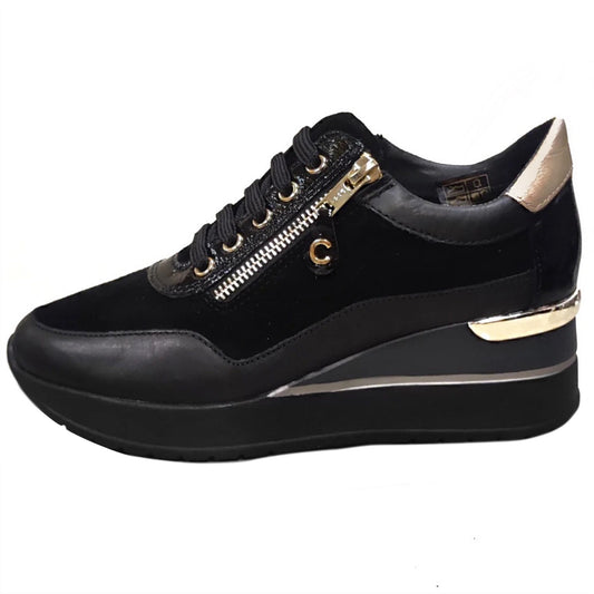 Sneakers Donna Cinzia Soft IV2522440 Nero, Lacci e Zip, Vera Pelle, Pelle Scamosciata Nabuk, dettagli oro