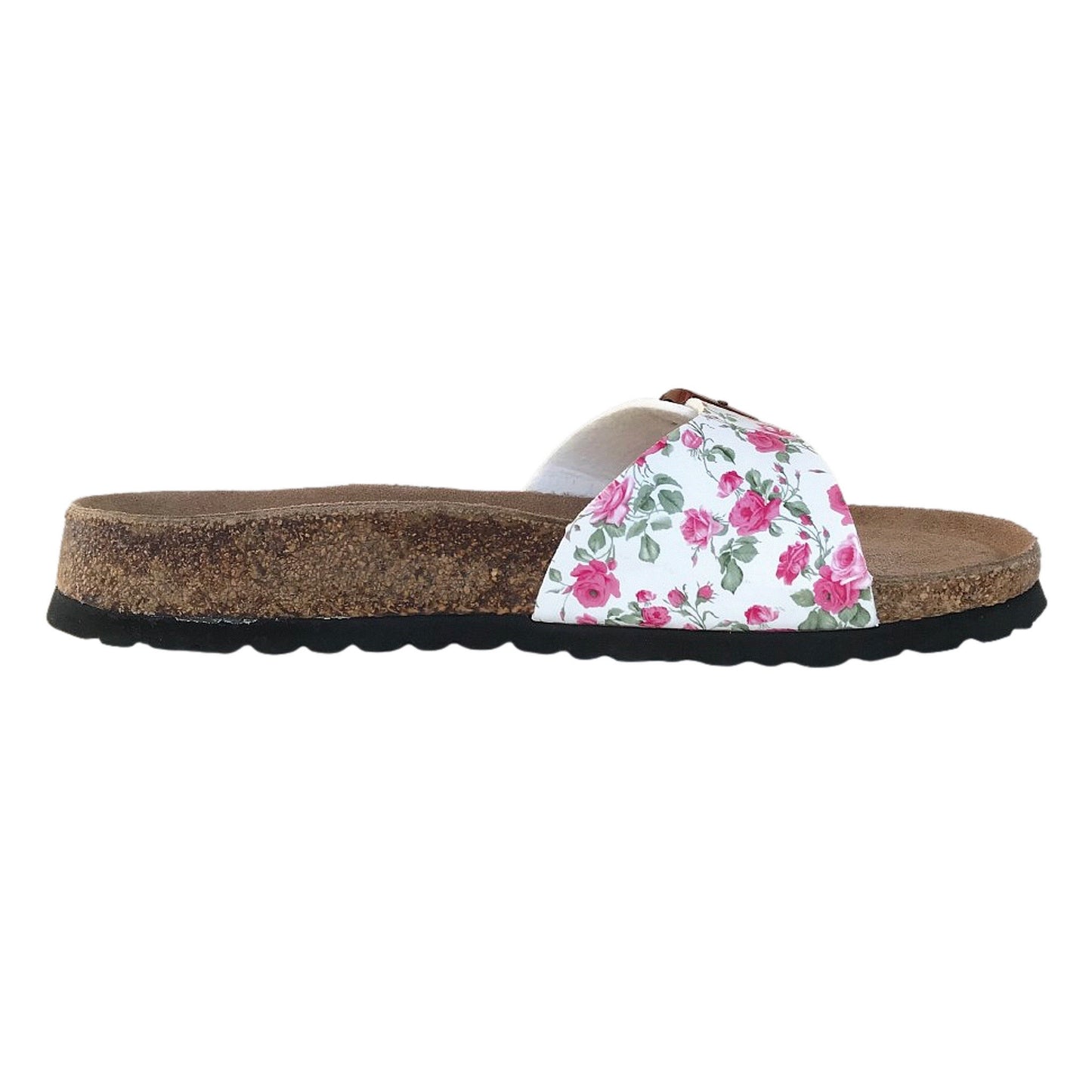 Ciabatte Floreali Donna con Soletta in Vera Pelle, Cinturino Bianco Floreale fucsia, Fibbia Bordeaux, Plantare Anatomico