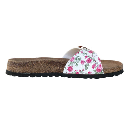 Ciabatte Floreali Donna con Soletta in Vera Pelle, Cinturino Bianco Floreale fucsia, Fibbia Bordeaux, Plantare Anatomico