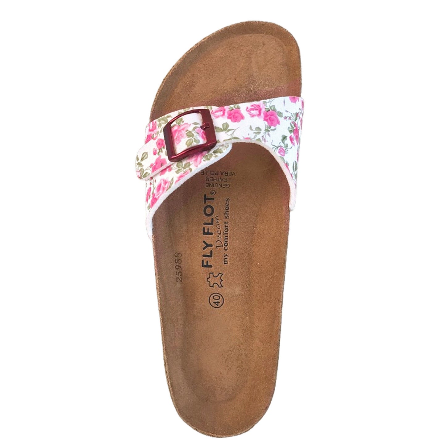 Ciabatte Floreali Donna con Soletta in Vera Pelle, Cinturino Bianco Floreale fucsia, Fibbia Bordeaux, Plantare Anatomico