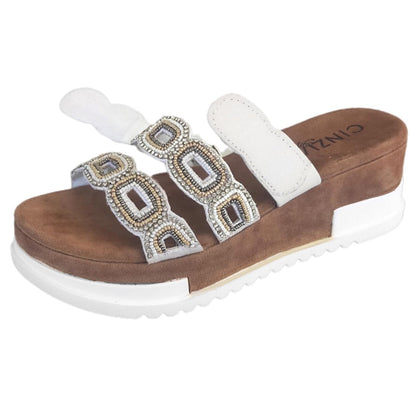 Ciabatte Donna Cinzia Soft 1012 Tre fasce Vera Pelle Bianco zeppa Camoscio