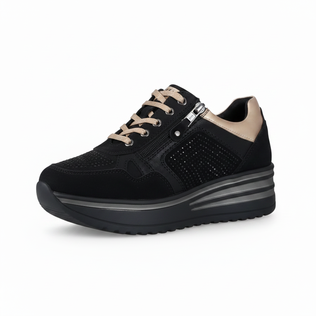 Sneakers Donna Cinzia Soft 19015 in morbido Nabuk Nero, Lacci Oro, Zip laterale, Strass, Nero - Numero 36