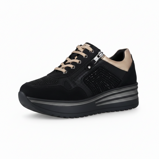 Sneakers Donna Cinzia Soft 19015 in morbido Nabuk Nero, Lacci Oro, Zip laterale, Strass, Nero - Numero 36