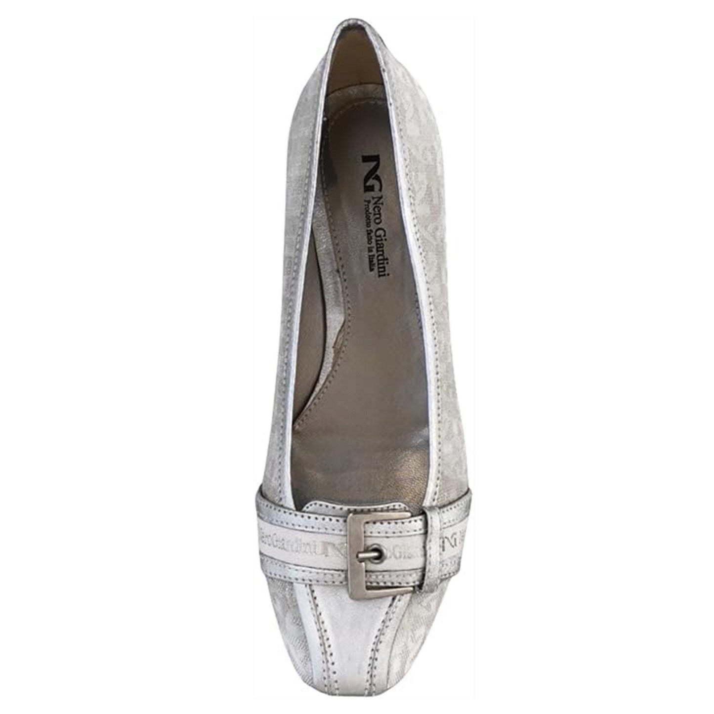 Scarpe Décolleté da Donna con Tacco Basso, Tessuto Monogram Argento, Vera Pelle