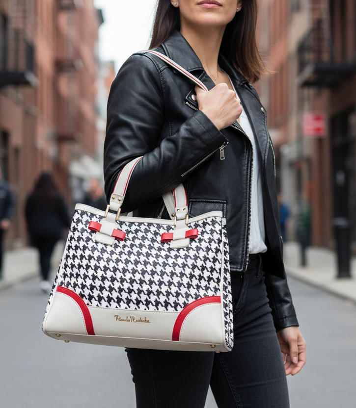 Borsa a Spalla Donna Renato Balestra Ecopelle Beige Stampa Pied de Poule con Fiocchetti Rossi