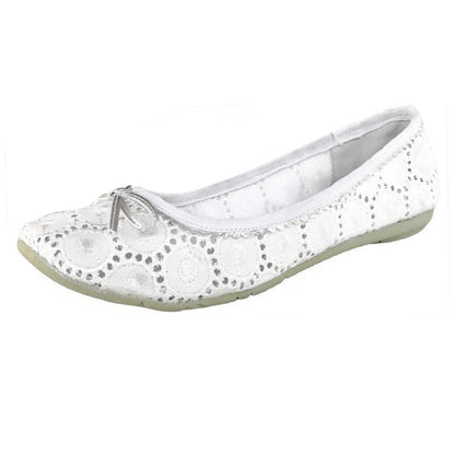 N.O.D. Ballerine in Pizzo Bianco con Fiocco Argento, Vera Pelle, Suola in Gomma