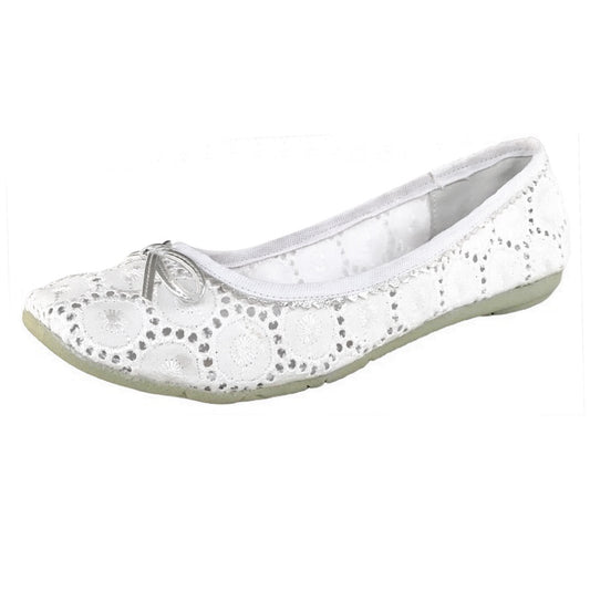 N.O.D. Ballerine in Pizzo Bianco con Fiocco Argento, Vera Pelle, Suola in Gomma