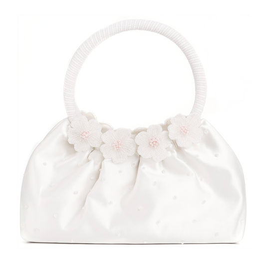 Pochette Albertario in Raso Bianco, Manico con perline, Decorazione floreale