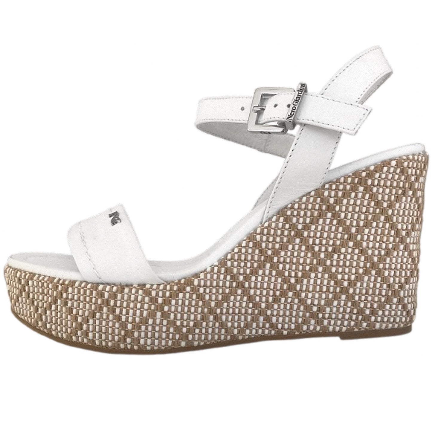Sandali Donna NeroGiardini P410720D Zeppa Alta, Vera Pelle, Bianco