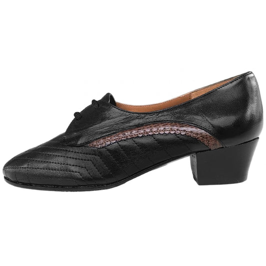 Scarpe Donna Lady Confort 1447, tacco 3 cm, Vera Pelle, Nero, riporto laterale color cuoio, con lacci - 35 EU