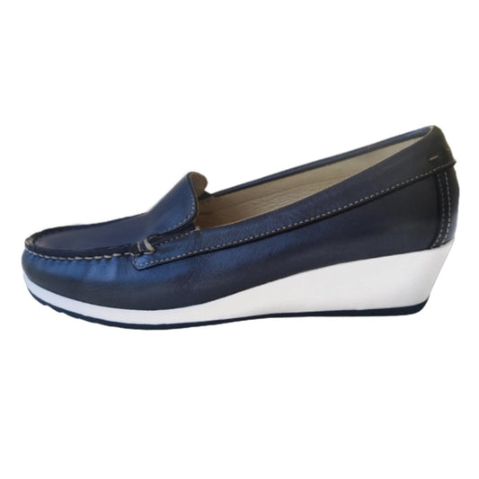 Mocassini con zeppa Donna Cinzia Soft 002NP Vera Pelle Blu Perlato