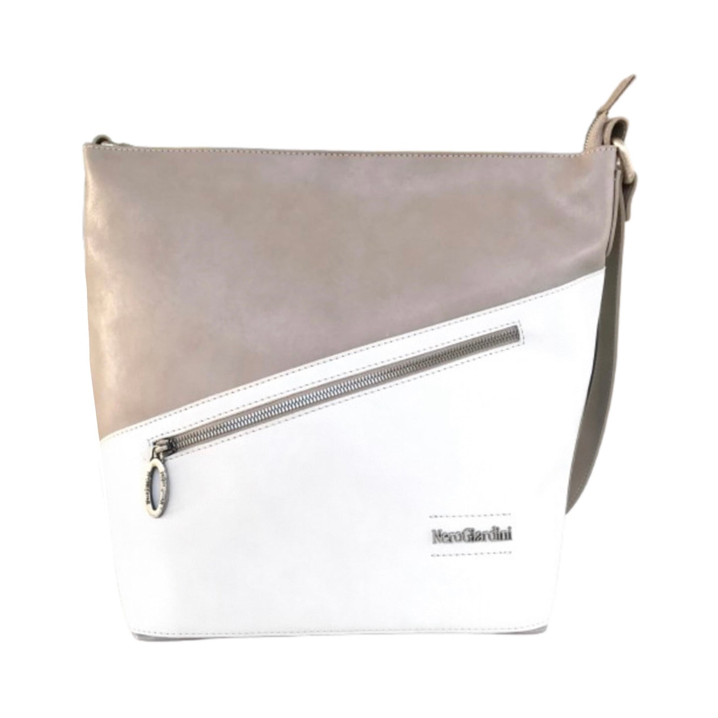 Borsa Donna NeroGiardini Vera Pelle Beige e Bianco con tracolla regolabile