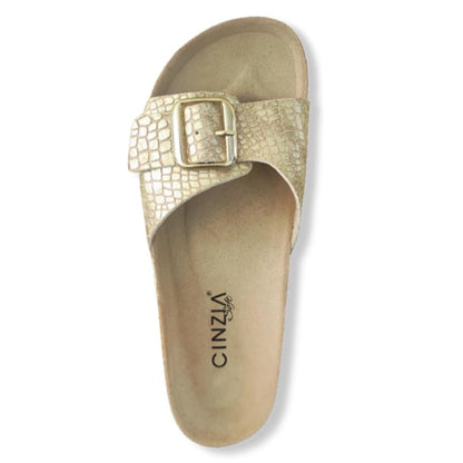 Ciabatte donna CinziaSoft con fascia vera pelle con fibbia Platino