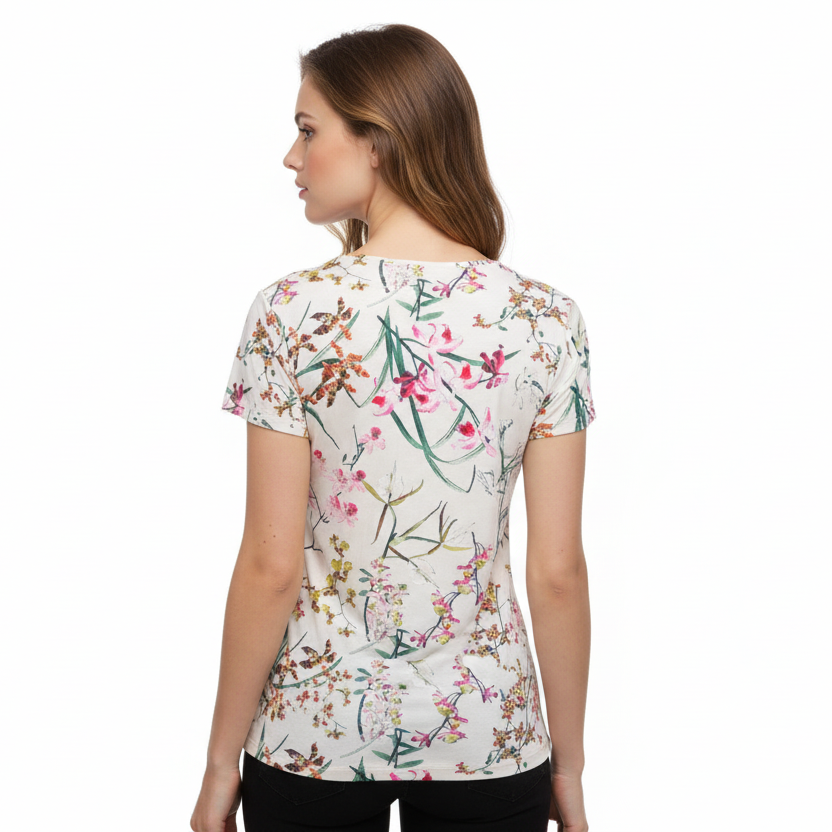 T-shirt Donna NeroGiardini Beige con Stampa Floreale
