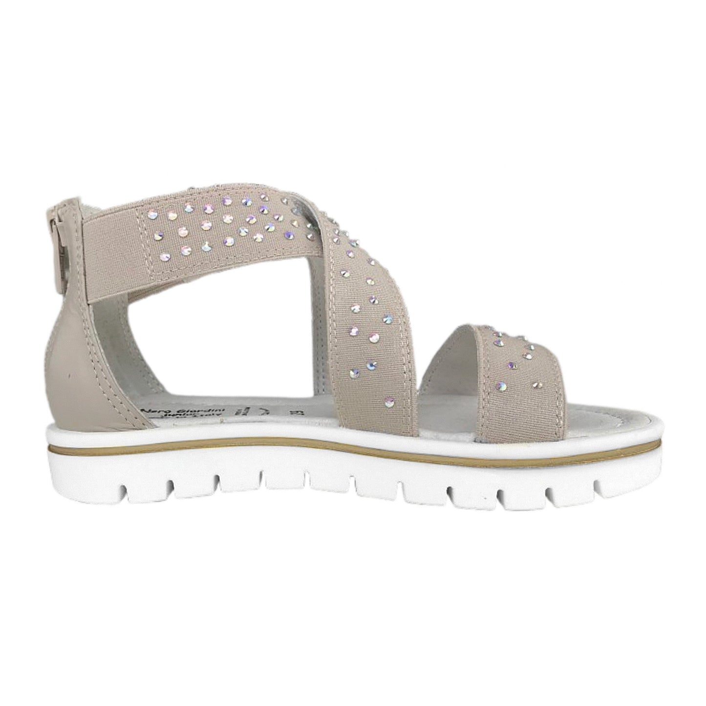 Sandali Bambina con Strass, Cinturino alla Caviglia, Platform, Chiusura Zip, Beige Sabbia