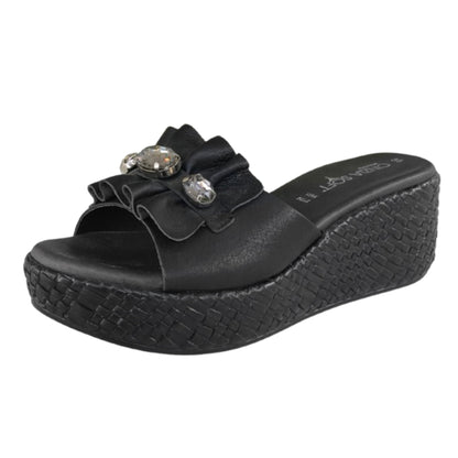 Ciabatte zatteroni Donna Cinzia Soft 4711 con zeppa alta, fascia vera pelle nero con cristalli