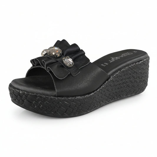 Ciabatte Zatteroni Donna Cinzia Soft 4711 Vera Pelle Nera con Cristalli Zeppa Alta, 39