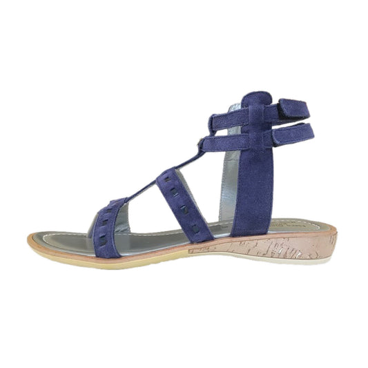 Sandali Donna in Pelle Scamosciata, Fasce Gladiatore, Blu Navy, Suola in Gomma Antiscivolo