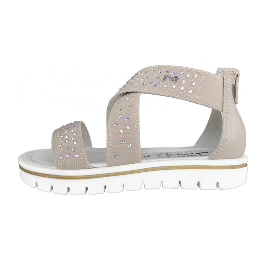 Sandali Bambina con Strass, Cinturino alla Caviglia, Platform, Chiusura Zip, Beige Sabbia