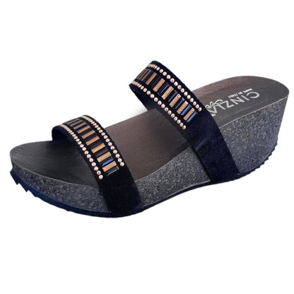 Ciabatte con zeppa Donna CinziaSoft 332 Nero con due fasce e decorazioni oro rosa