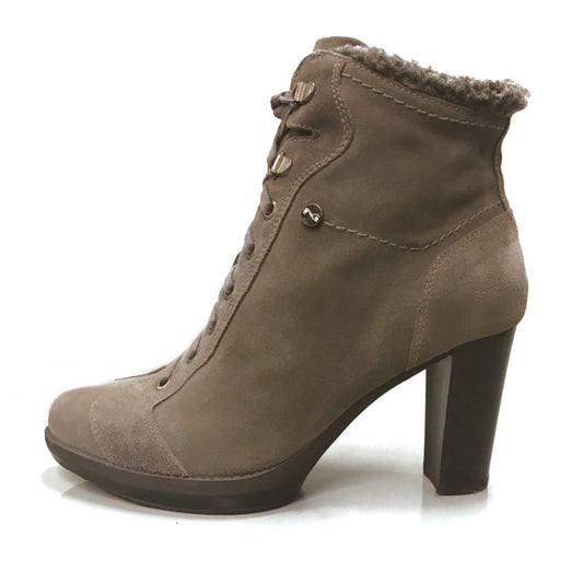 Stivaletti Donna NeroGiardini A207822D - Tacco 8 cm con Plateau, Cerniera Laterale, Lacci, Vera Pelle Scamosciata, Color Verdegris Tortora - Numero 37