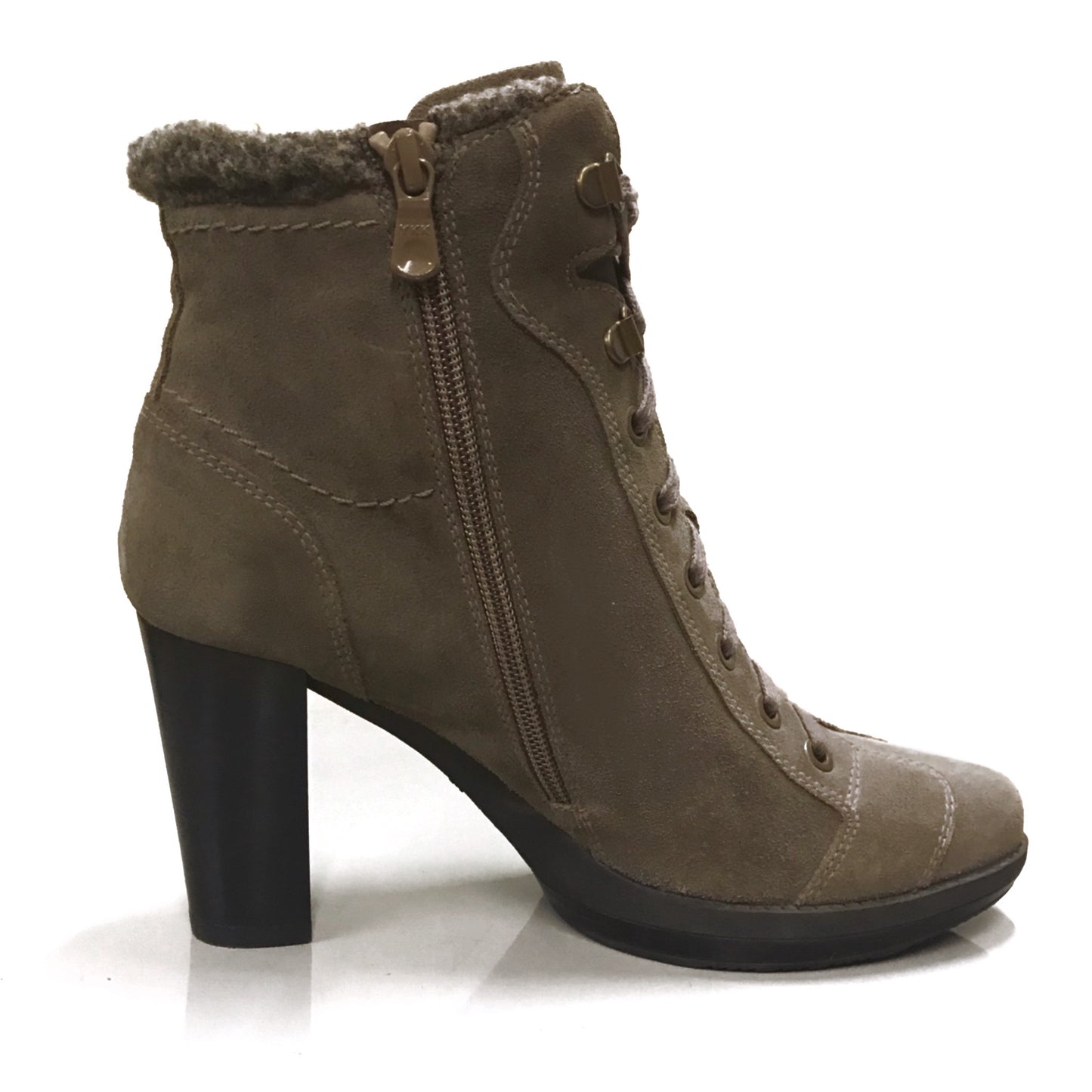 Stivaletti Donna NeroGiardini A207822D - Tacco 8 cm con Plateau, Cerniera Laterale, Lacci, Vera Pelle Scamosciata, Color Verdegris Tortora - Numero 37