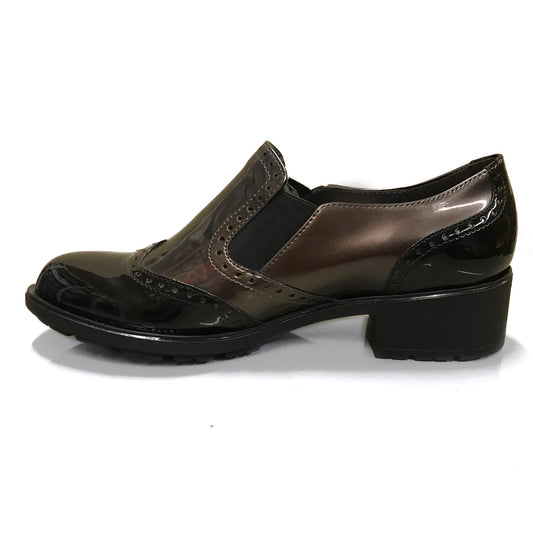 Scarpe Inglesine Donna Cinzia Soft 972285 - Vera Pelle, Elastici Laterali, Tacco 3 cm, Vernice Nero e Canna di Fucile, Stile Inglese