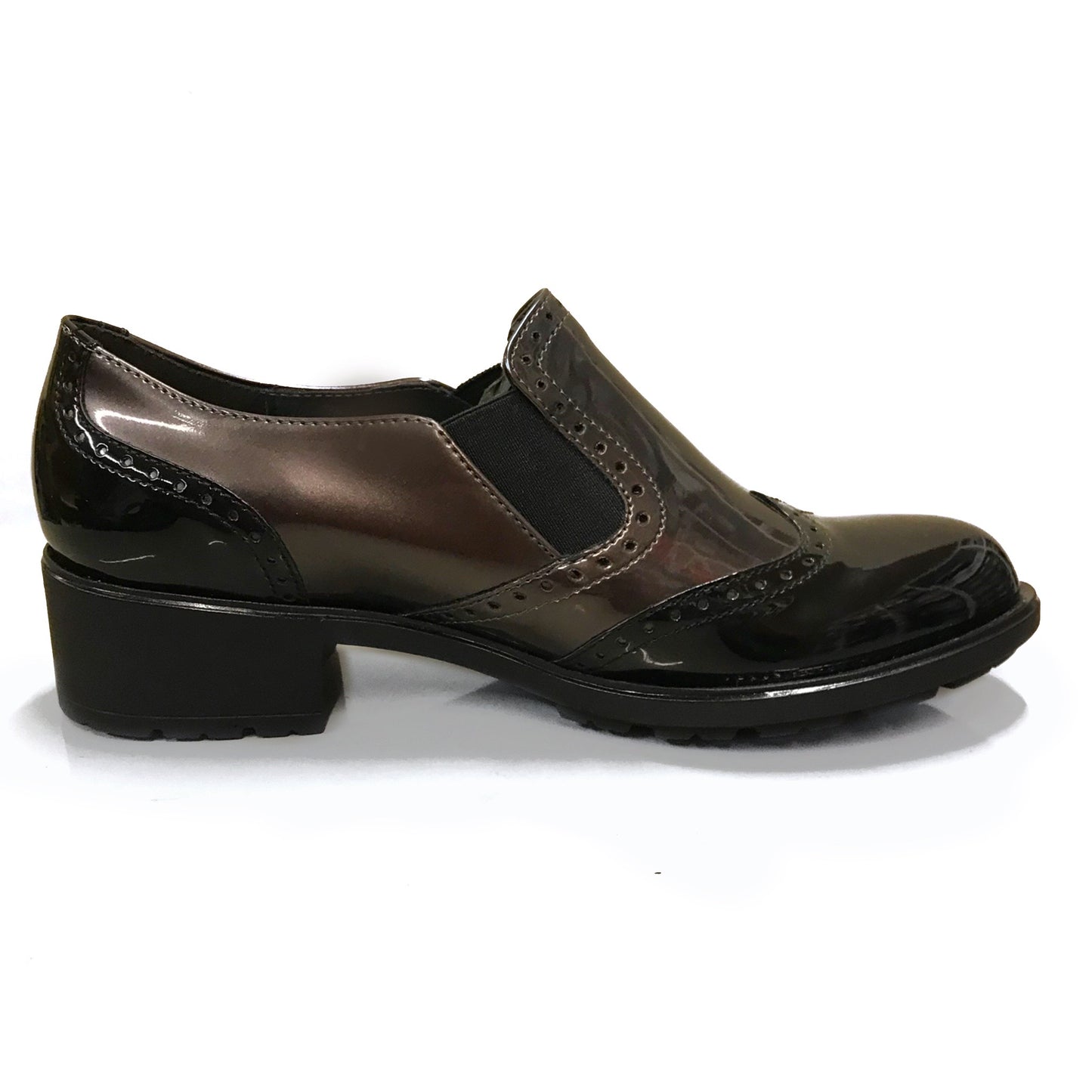 Scarpe Inglesine Donna Cinzia Soft 972285 - Vera Pelle, Elastici Laterali, Tacco 3 cm, Vernice Nero e Canna di Fucile, Stile Inglese