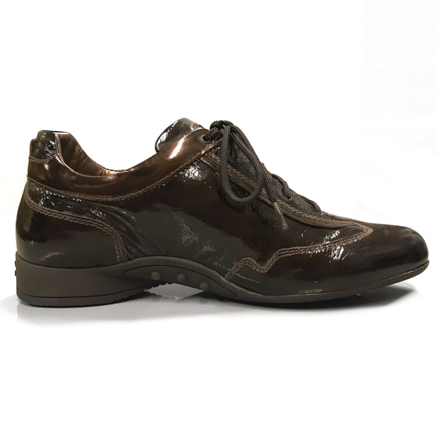 Sneakers stringate Donna NeroGiardini 460 - Fondo Basso, Vera Pelle Naplak, Vernice, Testa di Moro, Logo NG con brillantini
