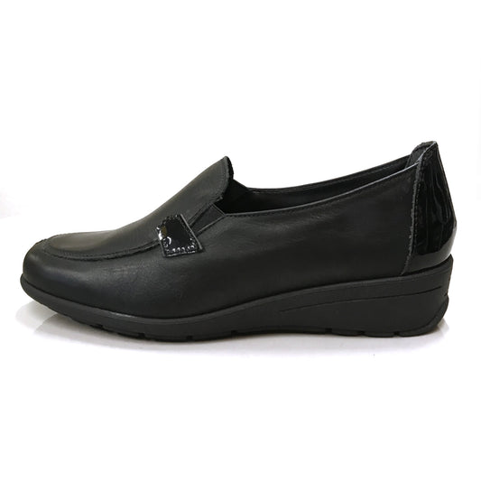 Mocassini Donna Cinzia Soft 7083 - Zeppa Bassa, Elastico Laterale, Vera Pelle, Riporti Vernice Nero