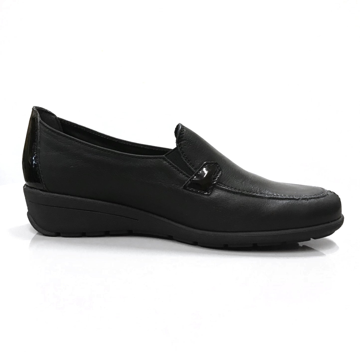 Mocassini Donna Cinzia Soft 7083 - Zeppa Bassa, Elastico Laterale, Vera Pelle, Riporti Vernice Nero
