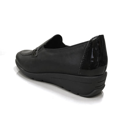 Mocassini Donna Cinzia Soft 7083 - Zeppa Bassa, Elastico Laterale, Vera Pelle, Riporti Vernice Nero