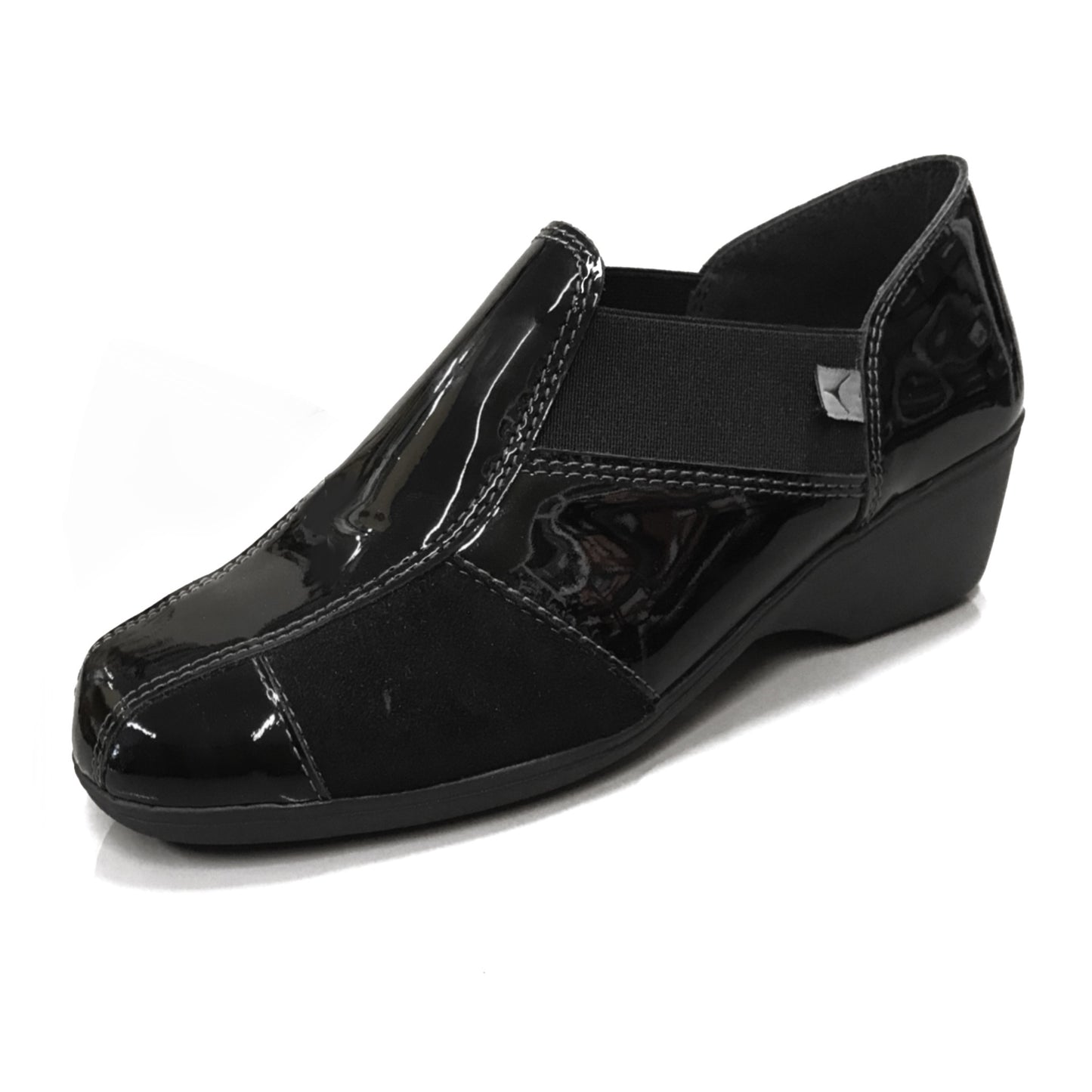 Sneakers Donna Cinzia Soft Art 651 - Zeppa 4 cm, Elastico Laterale, Vernice e Camoscio Nero