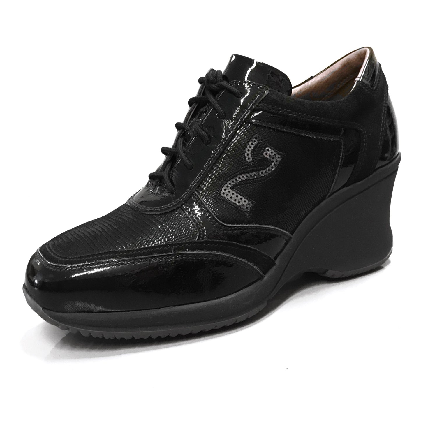 Sneakers stringata Donna NeroGiardini - Zeppa, Vera Pelle Scamosciata, Vernice, Lacci, logo in paillettes NG, Nero