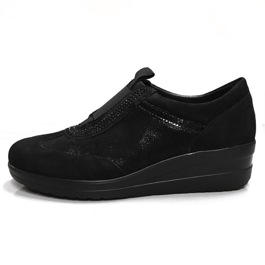 Sneakers Donna Cinzia Soft 235 - Vera Pelle Camoscio Laminata, Nero, Zeppa 4 cm, Elastico - Numero 39 (EU)