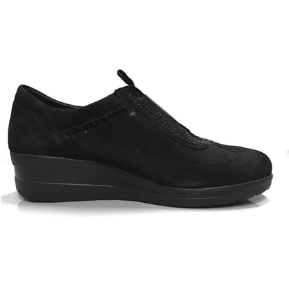 Sneakers Donna Cinzia Soft 235 - Vera Pelle Camoscio Laminata, Nero, Zeppa 4 cm, Elastico - Numero 39 (EU)