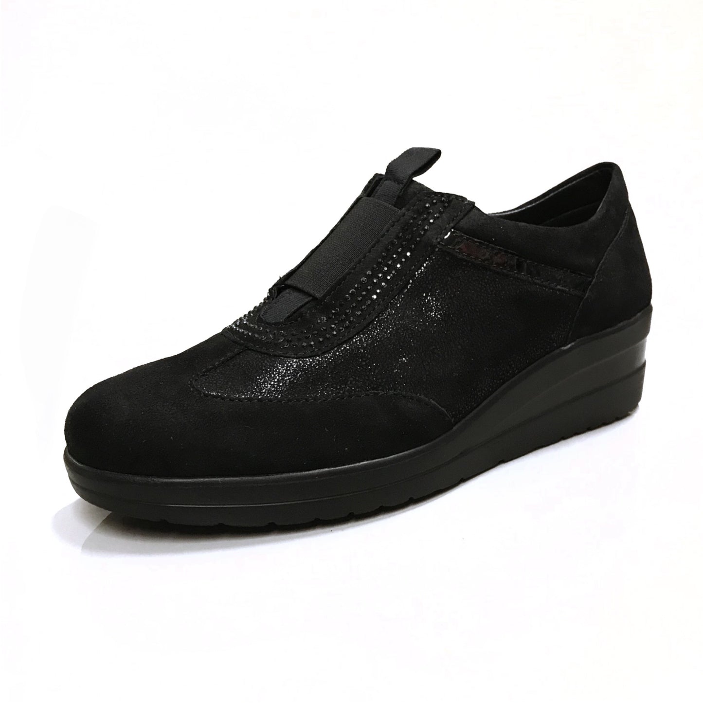 Sneakers Donna Cinzia Soft 235 - Vera Pelle Camoscio Laminata, Nero, Zeppa 4 cm, Elastico - Numero 39 (EU)