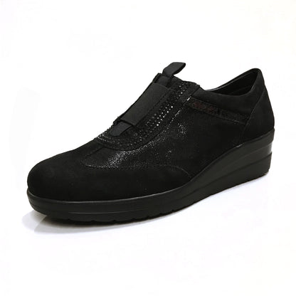 Sneakers Donna Cinzia Soft 235 - Vera Pelle Camoscio Laminata, Nero, Zeppa 4 cm, Elastico - Numero 39 (EU)