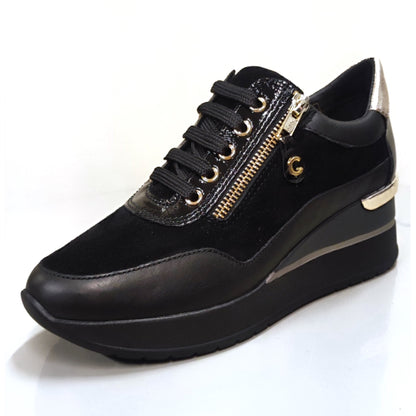 Sneakers Donna Cinzia Soft IV2522440 Nero, Lacci e Zip, Vera Pelle, Pelle Scamosciata Nabuk, dettagli oro