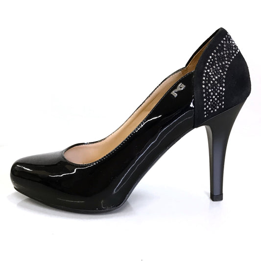 Décolleté NeroGiardini P717371DE - Tacco Alto 9 cm con Plateau, Vernice, Vera Pelle, Camoscio, con Strass - Colore Nero
