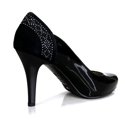 Décolleté NeroGiardini P717371DE - Tacco Alto 9 cm con Plateau, Vernice, Vera Pelle, Camoscio, con Strass - Colore Nero