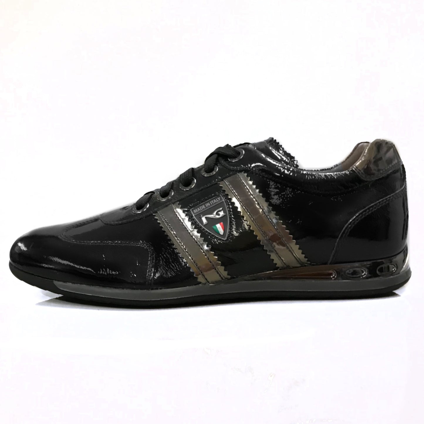 Sneakers Uomo NeroGiardini A907912 in Vera Pelle e Vernice, con Inserti Specchiati, Lacci, Colore Nero - Numero 43