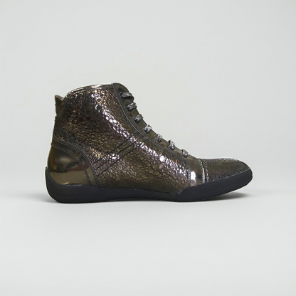 Scarpe Polacchine Donna NeroGiardini 00436 in Vera Pelle Goldrush Canna di Fucile, Effetto Lucido Specchiato Piombo, Tacco Basso, Lacci - Numero 38 (EU)
