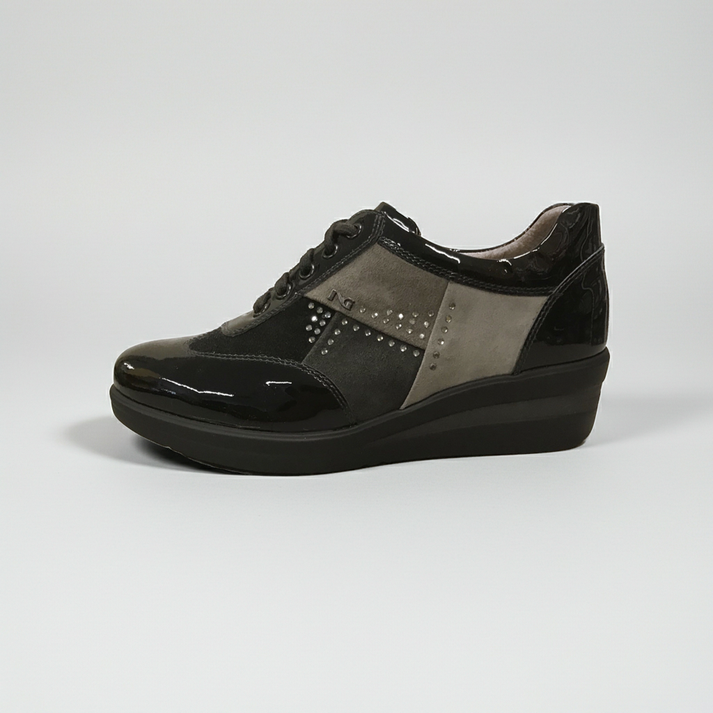 Scarpa Donna Nero Giardini A616852D in Vera Pelle Scamosciata, Vernice Nero e Grigio, Zeppa bassa, Lacci - Numero 36 (EU)